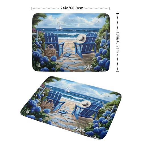 Summer Beach Dish Drying Mat 18x24 Inch Sea Shells Flowers Kitchen Mats Blue Microfiber Absorbent Dish Drainer Rack Mats Non