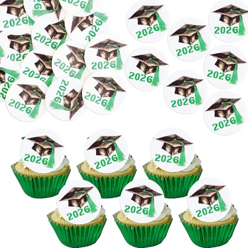 48Pcs Edible 2026 Graduation Theme Cupcake Toppers Wafer Paper Graduation Hat Graduate Cupcake Picks 2026 Students Grad Theme Party Cake Decorations Supplies Green (48 Count)