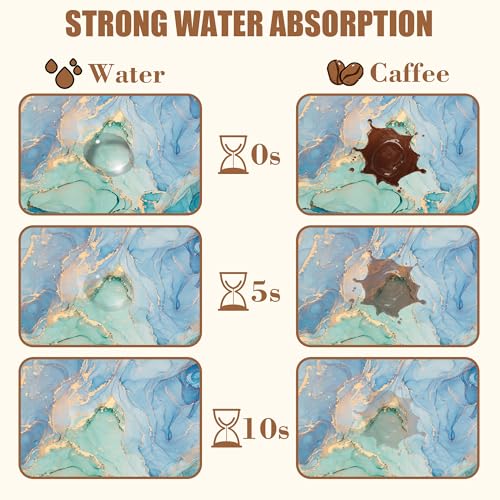 Turquoise and Blue Marble Coffee Mat Absorbent Dish Drying Mat for Kitchen Counter Hide Stain Rubber Backed Coffee Bar Accessories Fit Under Espresso Machine Dish Drainer