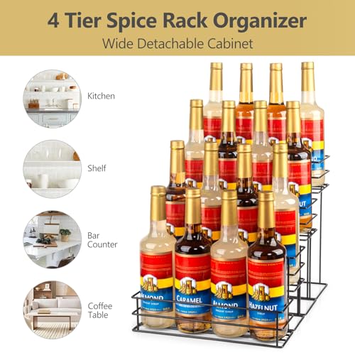16 Bottle Capacity Coffee Syrup Organizer 4 Tier Coffee Syrup Stand Shelf for Coffee Bar Accessories for Coffee Bar Kitchen Small Wine Rack for Bar Family Storage for Syrup Wine Dressing (16 Count)
