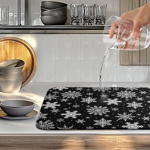 Winter Snowflake Black Dish Drying Mat Christma Snowflakes Large Kitchen Mats Dish Drying Pad Absorbent Dish Dryer Mat for Kitchen Countertops Microfiber Drainer Pad Dish Drying Mats