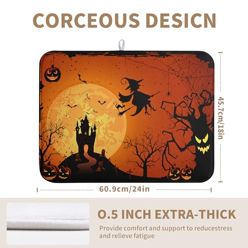 Happy Halloween Dish Drying Mat Fall Pumpkin Witch Dishes Draining Mats Spooky Castle Coffee Bar Bats Trick or Treat Dish Drying Pad Self Fast Absorbent Dryer Mat for Kitchen Countertop