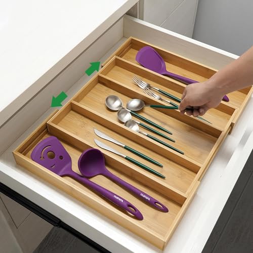 Bamboo Expandable Kitchen Drawer Organizer Silverware Utensil Tray