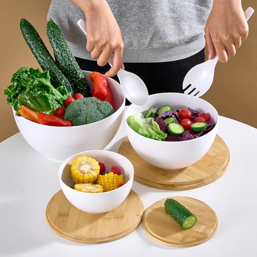 Large Salad Bowls with Bamboo Lids Set of 3