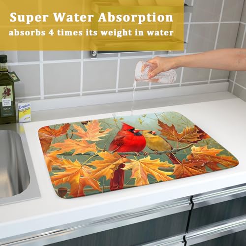 Fall Birds Dish Drying Mat 18x24 Inch Autumn Maple Leaf Tree Dish Drainer Mats Thanksgiving Decorative Microfiber Reversible Dish Drying Rack Pad Large for Kitchen Countertop Tabletop