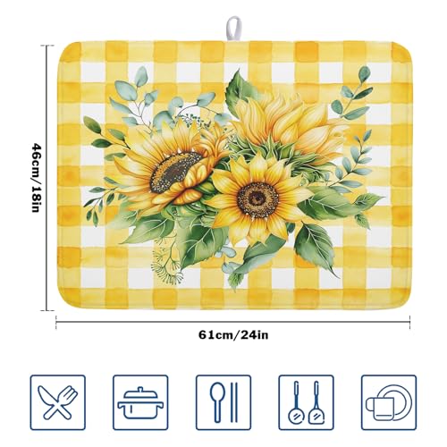 Sunflower Dish Drying Mat 18x24 Inch Absorbent Reversible Summer Sunflower Drying Mat Summer Plaid Dish Drying Rack Mat Yellow Summer Themed Dish Drainer Mat for Kitchen Counter Coffee Bar
