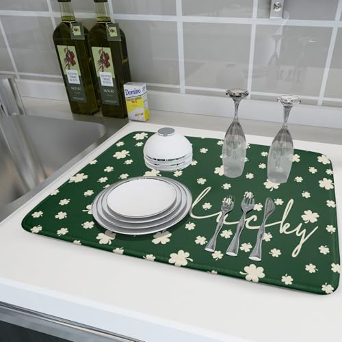 St Patricks Day Dish Drying Mat Green Lucky Clovers Dish Drainer Mats 18"x24" Shamrock Holiday Microfiber Reversible Dish Drying Rack Pad Protector for Kitchen Countertop Large Decor