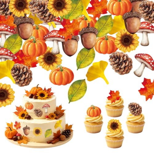 72PCS Edible Fall Leaves Cupcake Toppers Wafer Paper Autumn Maple Leaves Cake Decorations Edible Ginkgo Leaf Acorn Mushroom Sunflower Cake Picks for Thanksgiving Birthday Party Decorations