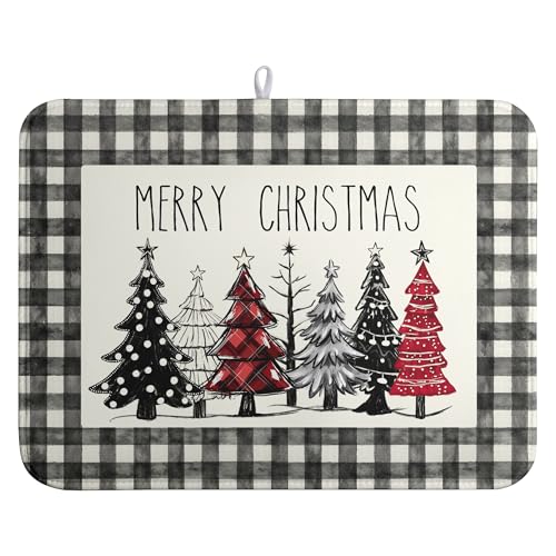 Merry Christmas Dish Drying Mat Buffalo Plaid Large Kitchen Mats Dish Drying Pad Xmas Christmas Tree Absorbent Dish Dryer Mat for Kitchen Countertops Microfiber Drainer Pad Dish Drying Mats