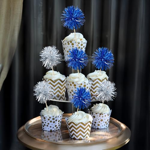 30Pcs Foil Firework Cupcake Toppers Party Birthday Cake Toppers Supplies Sparkle Tinsel Cocktail Fruit Toothpick for Birthday Wedding Graduation Party Supplies Dark Blue Silver (30 Count)