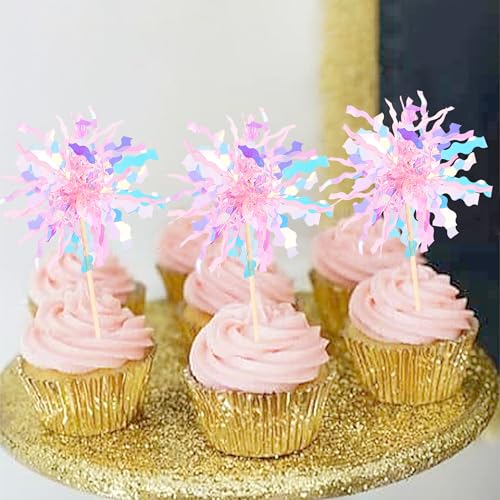 30 PCS Foil Firework Cupcake Toppers Sparkle Tinsel Cupcake Picks Happy Birthday Cake Toppers Drink Stirrers Cocktail Food Fruit Toothpicks for Baby Shower Wedding Party Decorations Supplies Pink (30 Count)