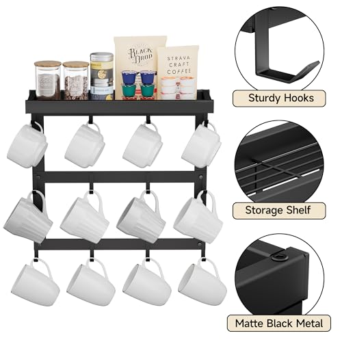 Coffee Mug Rack Wall Mounted with 12 Hooks and Shelf Cup Storage Holder