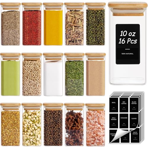 Square Glass Spice Jars with Labels 10 oz 16 Pack with Bamboo Lids (16 Count)