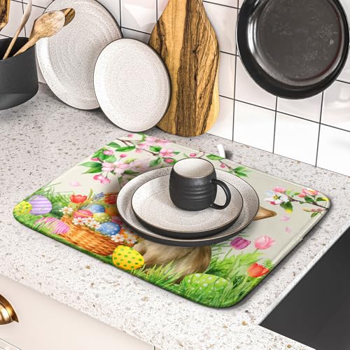 Easter Bunny Colorful Eggs Dish Drying Mat for Kitchen Counter