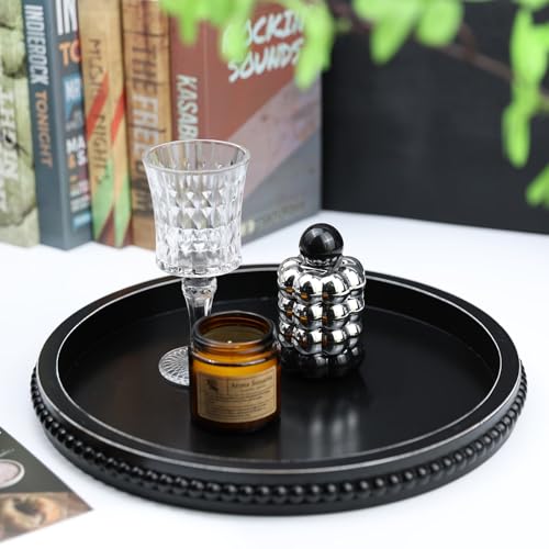 Round Black Wood Serving Tray with Beads