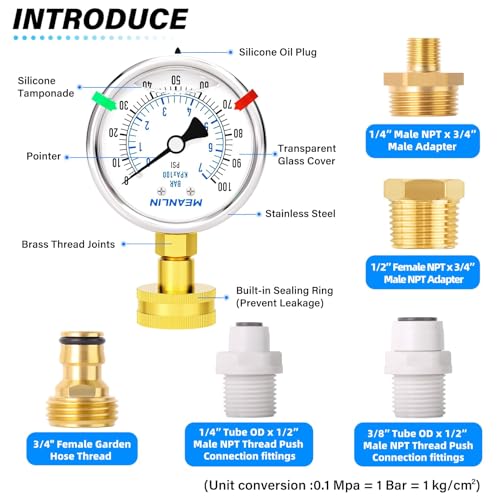 0~100Psi Liquid Filled Pressure Gauge kit Plus 5 adapters Stainless Steel Frame 3
