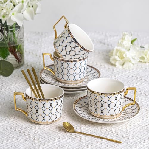 4Pcs White Gold Bone China 7oz Cup Saucer (4 Count)