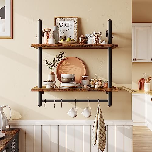 24" 2 Tier Industrial Pipe Wall Shelf with 8 Hooks