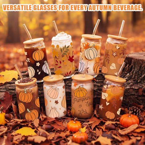 12 Pcs Fall Glass Cups with Lids and Straws 16 oz Autumn Pumpkin Leaves Coffee Tumblers Cozy Fall Drinking Cups Aesthetic Thanksgiving Gifts Bulk for Women Her Adults Party Favors (12 Count)