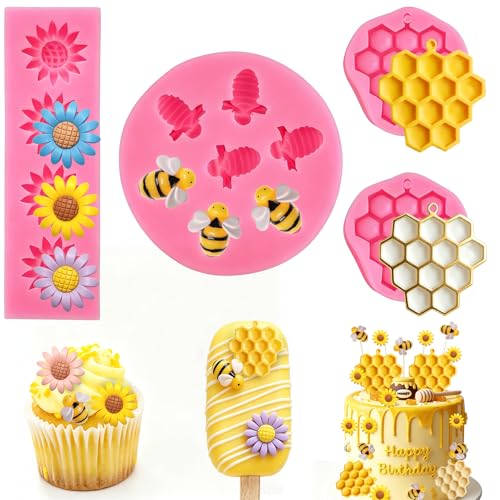 Bumble Bee Silicone Mold 4Pcs Honeycomb Fondant Mold Sunflower and Bee Candy Molds Bee Hive Chocolate Molds for Cupcake Cake Decoration Dessert Chocolate Gum Paste Polymer Clay (4 Count)