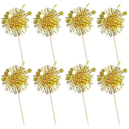 30Pcs Foil Firework Cupcake Toppers Happy Birthday Cake Toppers Tinsel Flower Drink Stirrers Cocktail Food Fruit Toothpicks for Valentine's Day Party Decorations Gold (30 Count)