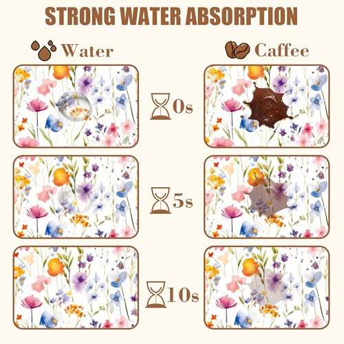 Watercolor Floral Meadow Coffee Mat Absorbent Dish Drying Mat for Kitchen Counter Hide Stain Rubber Backed Coffee Bar Accessories Fit Under Espresso Machine Dish Drainer