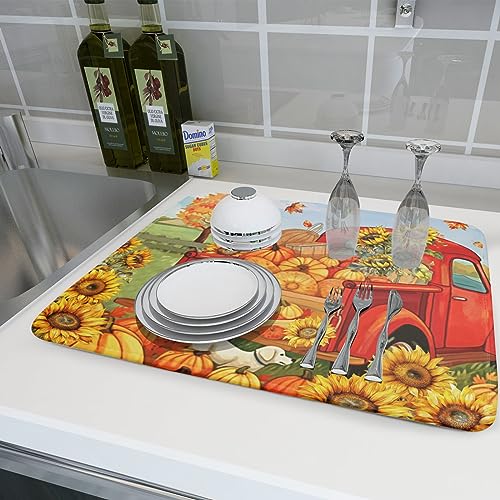 Autumn Pumpkin Red Truck Dish Drying Mat for Kitchen Counter
