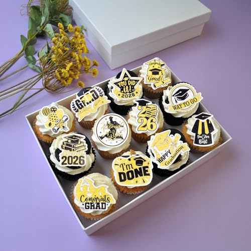48Pcs Edible Graduation Cap 2026 Cupcake Toppers Wafer Paper Grad Cap Diploma Cake Decoration Picks for 2026 Grad Theme Party Cake Decor Supplies Gold White (48 Count)