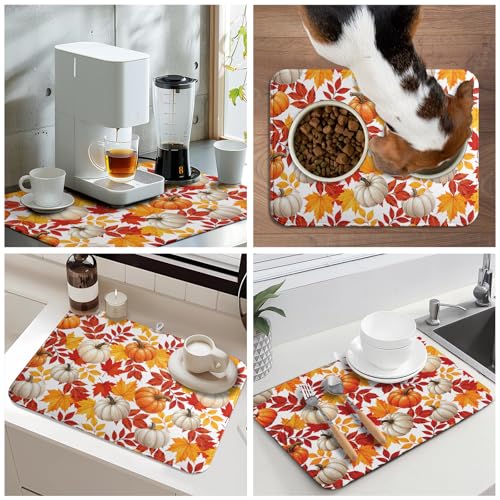 Fall Pumpkin Dish Drying Mat for Kitchen Counter 18x24 Inch Autumn Pumpkins Maple Leaves Drying Mats Thanksgiving Absorbent Reversible Dish Pad Fast Dry Drainer Mat Protector for Countertop Coffee Bar