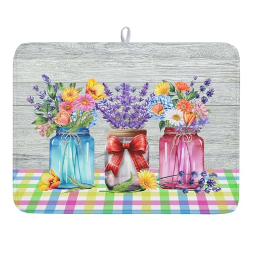 Spring Summer Flowers Dish Drying Mat for Kitchen Counter 18"x24" Spring Floral Jars Drying Mat Soft Absorbent Microfiber Farmhouse Colorful Floral Dish Drainer Rack Mats for Counter tops