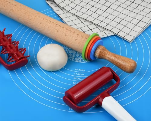 Rolling Pin with 4 Adjustable Thickness Rings and Long Handle 13.6 Inch Wooden Dough Roller for Baking
