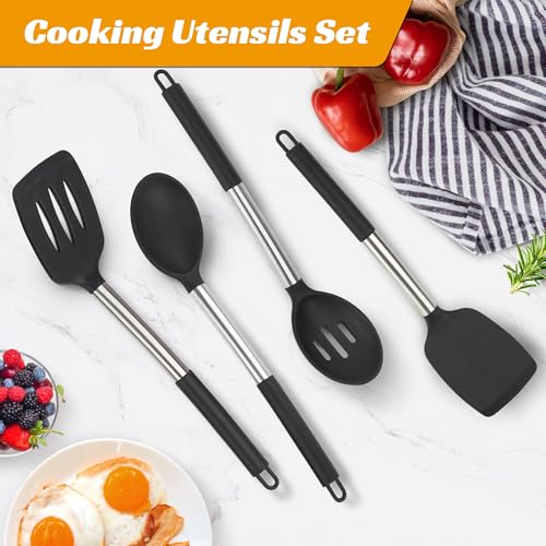 Silicone Cooking Kitchen Utensils Set Kitchen Utensils Set Silicone Cooking Utensils Set for Nonstick Cookware Perfect for Baking and Mixing Spatula Set BPA Free Dishwasher Safe Black 4 Pack (4 Count)