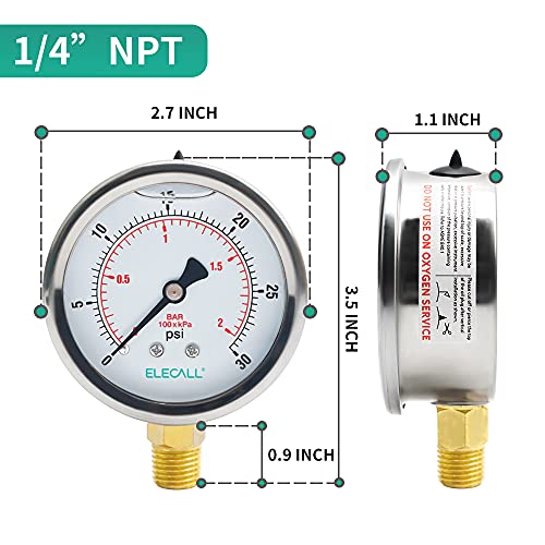 2-1/2” Glycerin Liquid Filled Air Pressure Gauge, 0-30Psi, 1/4”NPT Lower Mount, Stainless Steel Case, Brass Internals, Water Pressure Gauge