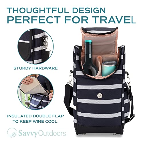Savvy Outdoors Insulated Wine Tote Bag with Stemless Glasses & Exterior Pouch