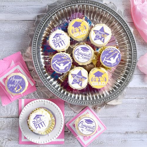 48Pcs 2026 Graduation Cupcake Toppers Wafer Paper Class of 2026 Cake Decorations Edible Congrats Grad Cupcake Picks for 2026 Graduation Theme Party Cake Supplies Gold Purple (48 Count)