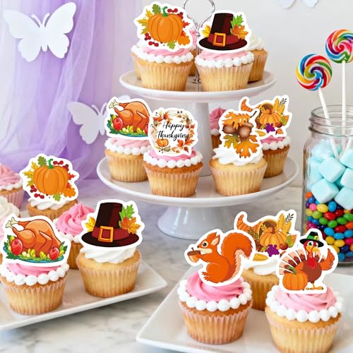 72PCS Edible Thanksgiving Day Cupcake Toppers Wafer Paper Autumn Food Cake Decorations Edible Pumpkins Cupcake Picks for Autumn Thanksgiving Party Birthday Decor Supplies