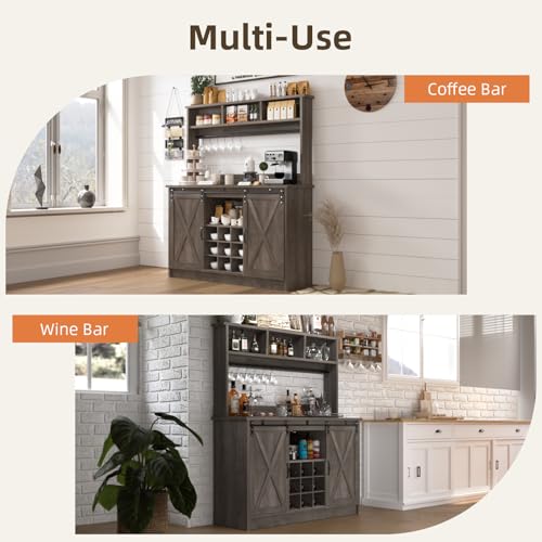47" Farmhouse Coffee Bar with Storage Hutch & Wine Rack