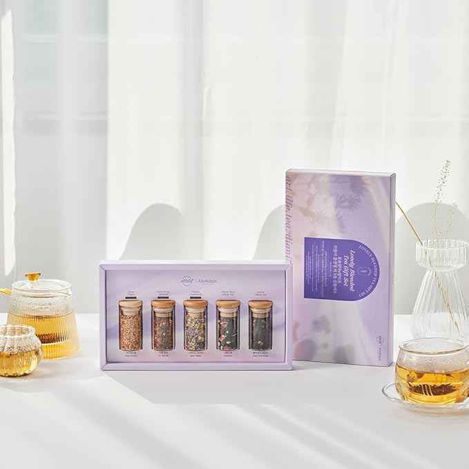 KKOKDAM Lovely Blending Tea Gift Set – Premium 5-Flavor Tea Sampler (3 Herbal & 2 Black Tea Blends) – Loose Leaf Tea Variety Pack in Glass Jars – Unique Korean Gift Box for Women, Mom & Tea Lovers