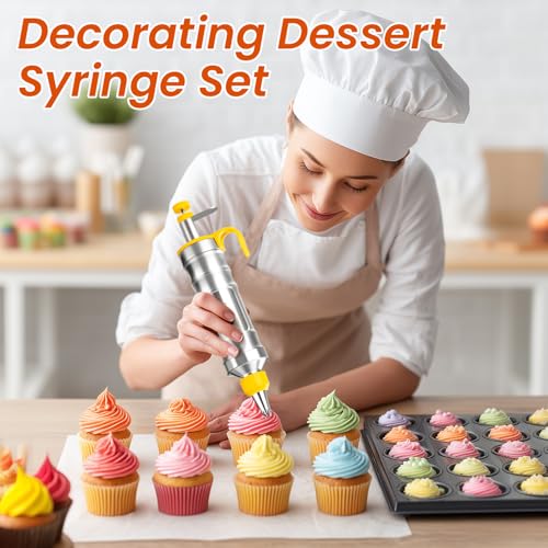 Dessert Decorating Syringe Set Icing Piping Kit Frosting Piping Kit Stainless Steels Cake Decorating Kit with 10 food grade stainless steel piping tips & 50 Disposable Piping Bags Yellow (63 Count)