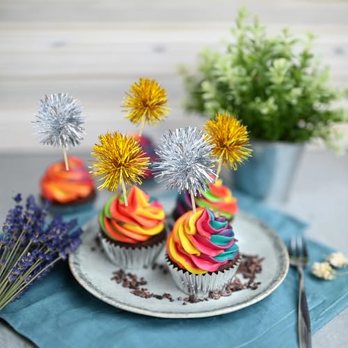 30Pcs Foil Firework Cupcake Toppers Sparkle Tinsel Cake Toppers Tinsel Drink Cake Decoration Cocktail Picks for Birthday Wedding Graduation Party Supplies Gold Silver (30 Count)