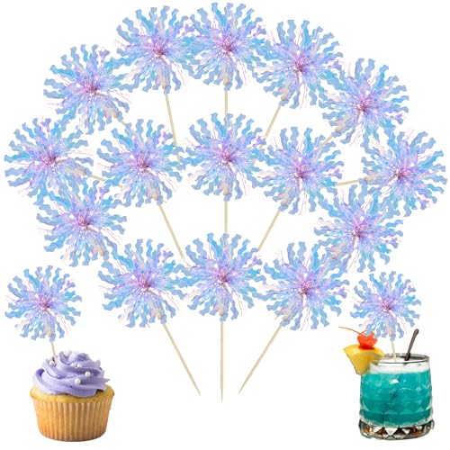 30Pcs Foil Firework Cupcake Toppers Party Birthday Cake Toppers Supplies Sparkle Tinsel Cocktail Fruit Toothpick for Birthday Wedding Graduation Party Light Blue (30 Count)