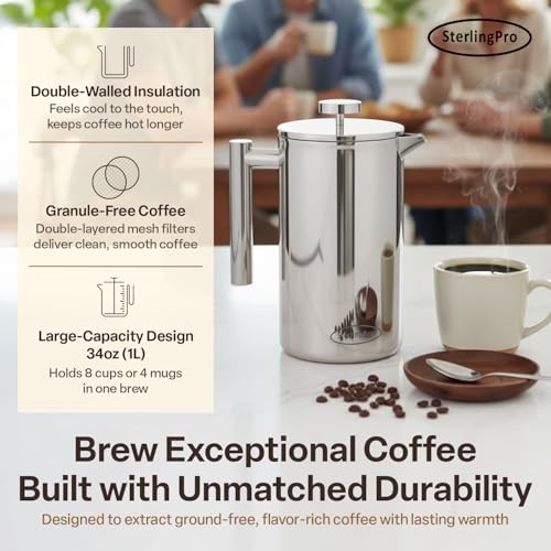 Non Toxic Insulated Stainless Steel French Press Coffee Maker 34oz