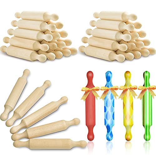 30 Pcs Wooden Mini Rolling Pin Long Kitchen Baking Small Dough Rolling Pin for Children Fondant Pastry Pizza Crafting and Imaginative Play for Halloween and Christmas Presents