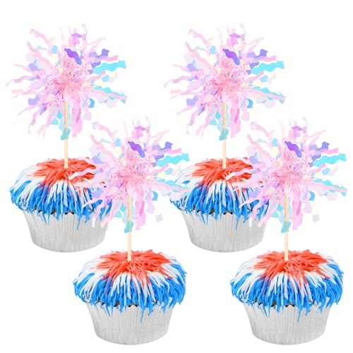 30 PCS Foil Firework Cupcake Toppers Sparkle Tinsel Cupcake Picks Happy Birthday Cake Toppers Drink Stirrers Cocktail Food Fruit Toothpicks for Baby Shower Wedding Party Decorations Supplies Pink (30 Count)