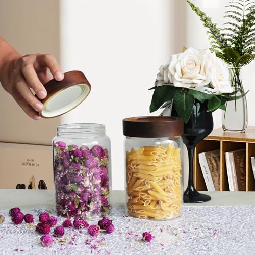 Airtight Glass Jars with Wooden Lid Glass Spice Jar Round Glass Storage Canister for Pantry Sugar Tea Coffee Bean Nuts Cookies Bath Salts