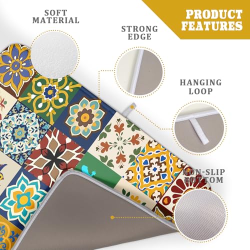 Mexican Tile Dish Drying Mat 18"x24" Talavera Boho Floral Print Dish Drainer Mats Rustic Ethnic Traditional Reversible Large Dish Drying Pad Protector for Kitchen Countertop Decor