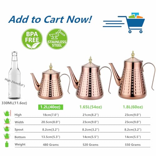 1.2L(40oz) Stainless Steel Hammer Patterned Teapot With Removeable Infuser,Loose leaf cover,Copper