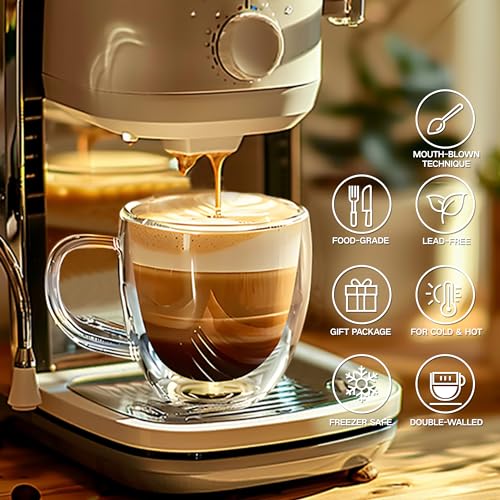 Set of 4 Double Walled Glass Coffee Mugs 3 Ounces Insulated Layer Coffee Cups with Handle Borosilicate Glass Espresso Cup for Hot Beverage (4 Count)