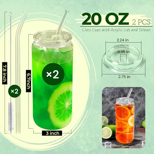 2pcs Glass Cups with Acrylic Lids and Straws 20 oz Drinking Glasses (2 Count)