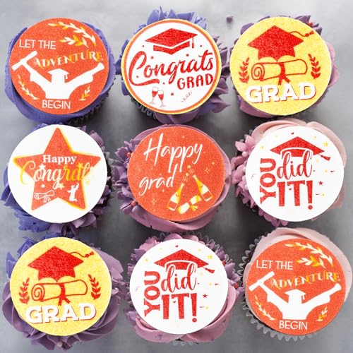 48Pcs 2026 Graduation Cupcake Toppers Wafer Paper Class of 2026 Cake Decorations Edible Congrats Grad Cupcake Picks for 2026 Graduation Theme Party Cake Supplies Red Gold (48 Count)